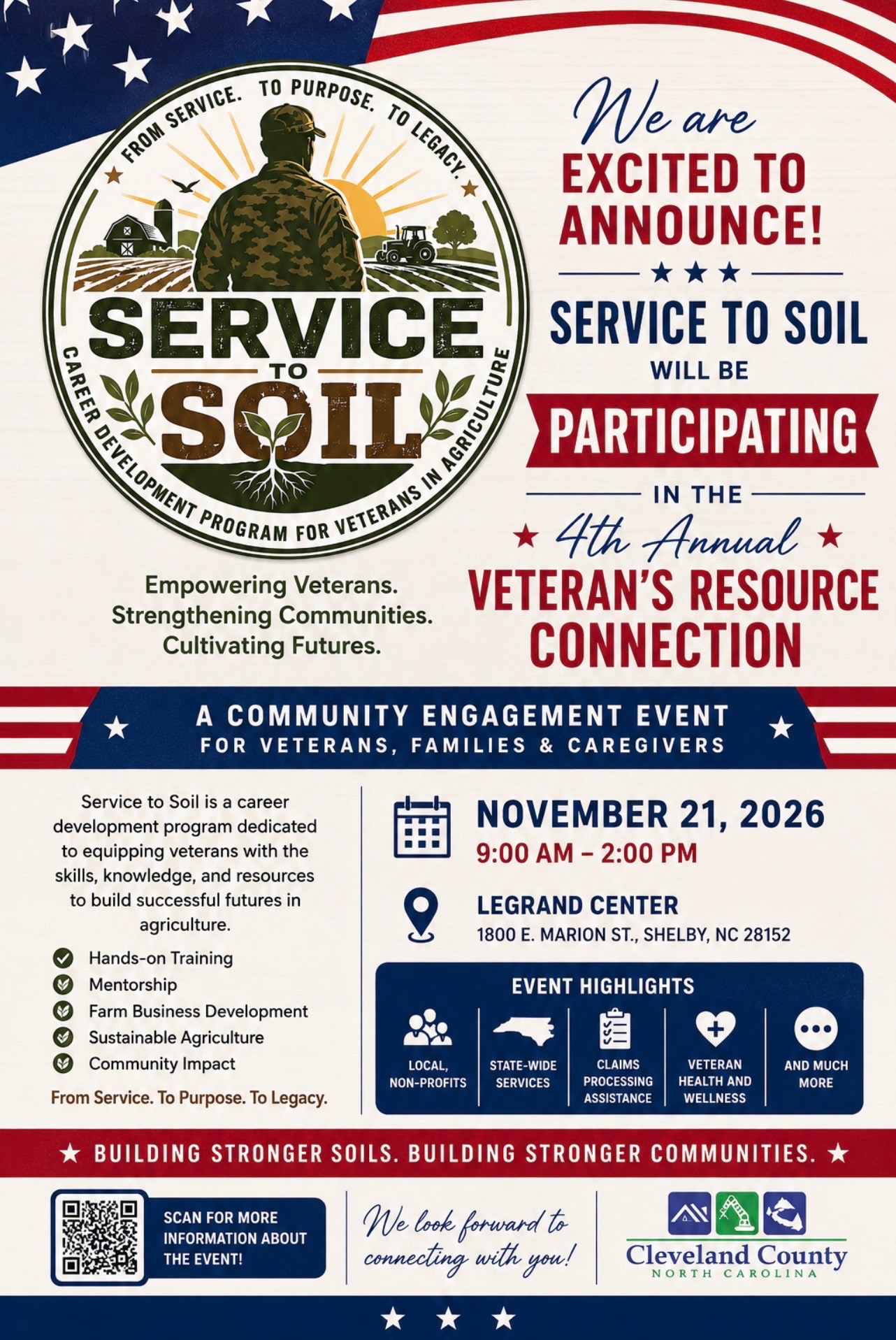 Flyer: Service to Soil participating in the 4th Annual Veteran's Resource Connection, November 21, 2026, LeGrand Center, Shelby, NC